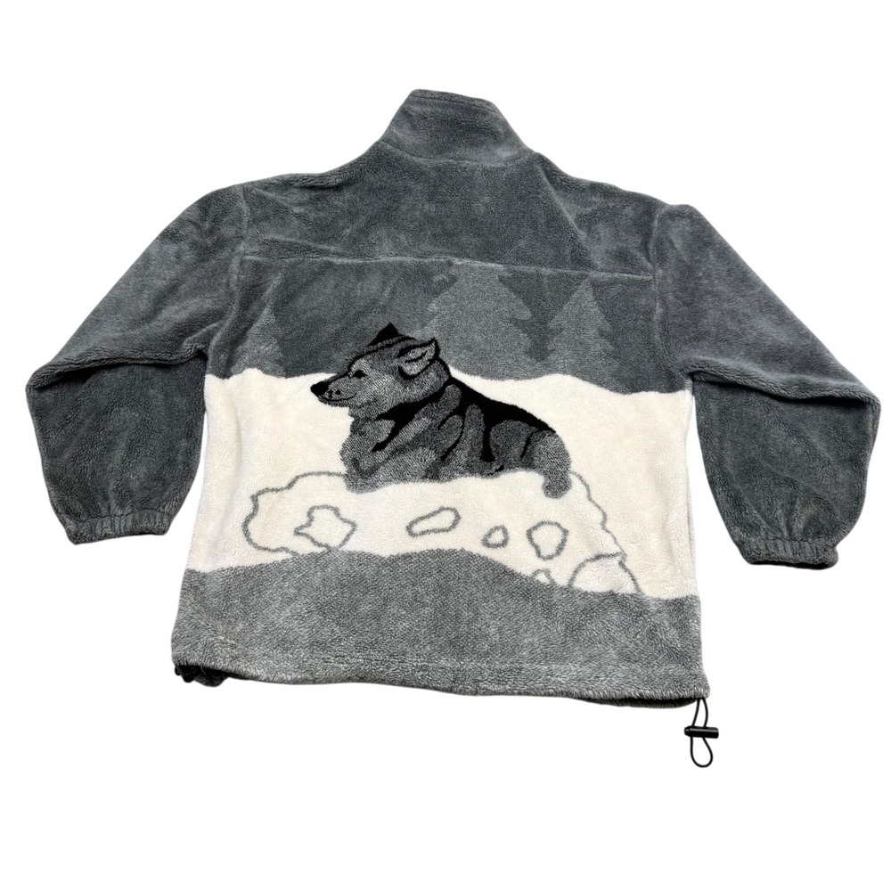Vintage 90's Milton Funwear Wolf Fleece Jacket Grey Full Zip Nature Scene Canada